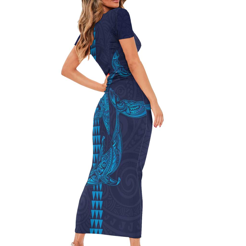 Aloha Hawaii Whale Kakau and Polynesian Tattoo Family Matching Short Sleeve Bodycon Dress and Hawaiian Shirt Dark Navy Color LT03 - Polynesian Pride