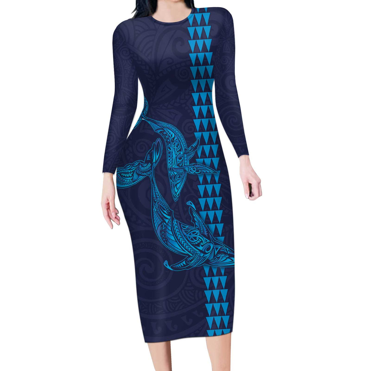 Aloha Hawaii Whale Kakau and Polynesian Tattoo Long Sleeve Bodycon Dress Dark Navy Color LT03 Long Dress Dark Navy - Polynesian Pride