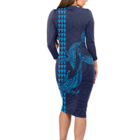 Aloha Hawaii Whale Kakau and Polynesian Tattoo Long Sleeve Bodycon Dress Dark Navy Color LT03 - Polynesian Pride