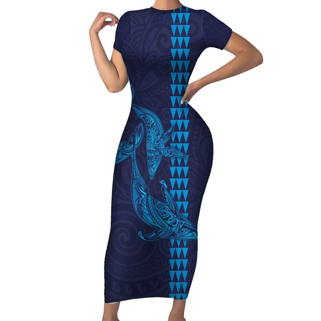 Aloha Hawaii Whale Kakau and Polynesian Tattoo Short Sleeve Bodycon Dress Dark Navy Color LT03 Long Dress Dark Navy - Polynesian Pride
