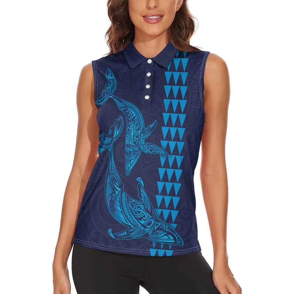 Aloha Hawaii Whale Kakau and Polynesian Tattoo Women Sleeveless Polo Shirt Dark Navy Color LT03 - Polynesian Pride