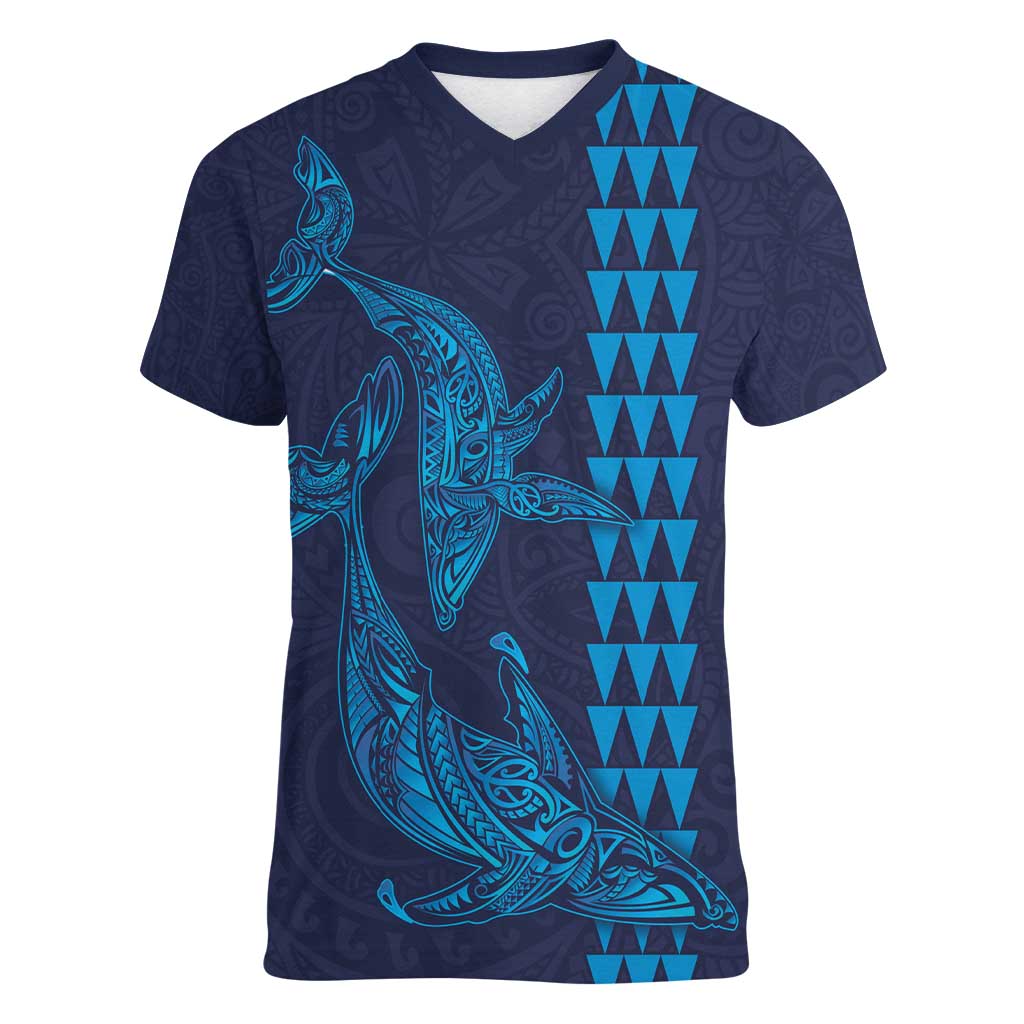 Aloha Hawaii Whale Kakau and Polynesian Tattoo Women V-Neck T-Shirt Dark Navy Color LT03 Female Dark Navy - Polynesian Pride