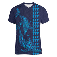 Aloha Hawaii Whale Kakau and Polynesian Tattoo Women V-Neck T-Shirt Dark Navy Color LT03 Female Dark Navy - Polynesian Pride