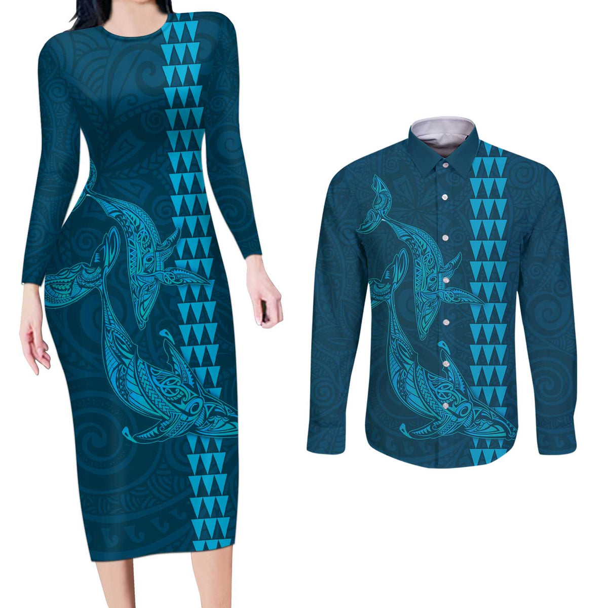 Aloha Hawaii Whale Kakau and Polynesian Tattoo Couples Matching Long Sleeve Bodycon Dress and Long Sleeve Button Shirt Light Blue Color LT03 Light Blue - Polynesian Pride