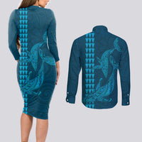 Aloha Hawaii Whale Kakau and Polynesian Tattoo Couples Matching Long Sleeve Bodycon Dress and Long Sleeve Button Shirt Light Blue Color LT03 - Polynesian Pride