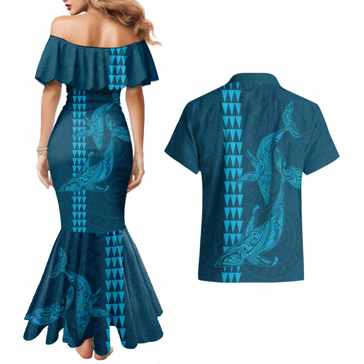 Aloha Hawaii Whale Kakau and Polynesian Tattoo Couples Matching Mermaid Dress and Hawaiian Shirt Light Blue Color LT03 - Polynesian Pride