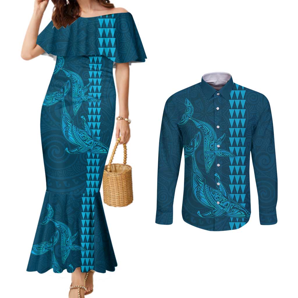 Aloha Hawaii Whale Kakau and Polynesian Tattoo Couples Matching Mermaid Dress and Long Sleeve Button Shirt Light Blue Color