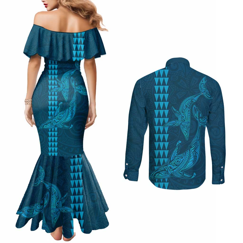 Aloha Hawaii Whale Kakau and Polynesian Tattoo Couples Matching Mermaid Dress and Long Sleeve Button Shirt Light Blue Color LT03 - Polynesian Pride