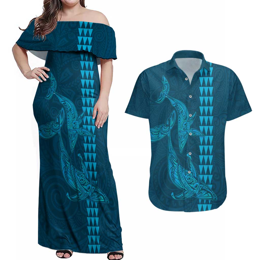 Aloha Hawaii Whale Kakau and Polynesian Tattoo Couples Matching Off Shoulder Maxi Dress and Hawaiian Shirt Light Blue Color LT03 Light Blue - Polynesian Pride