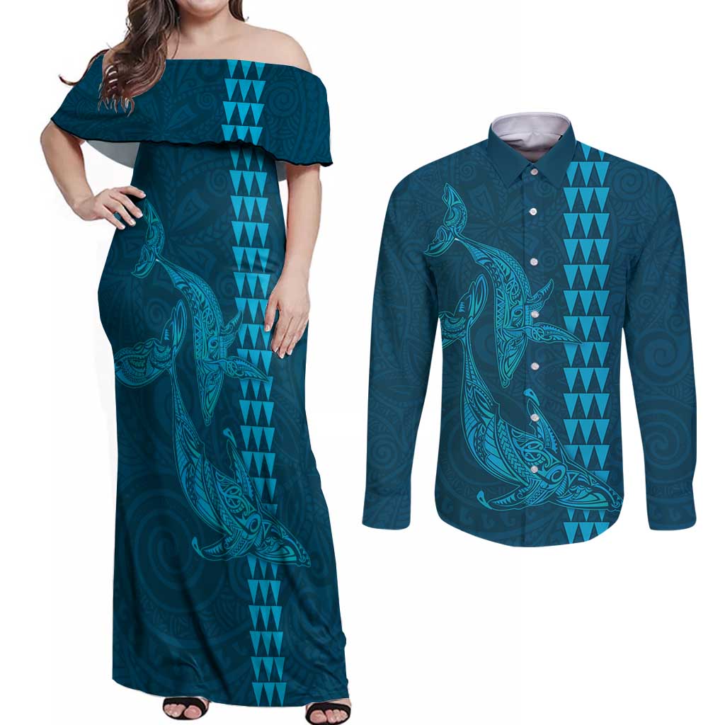 Aloha Hawaii Whale Kakau and Polynesian Tattoo Couples Matching Off Shoulder Maxi Dress and Long Sleeve Button Shirt Light Blue Color LT03 Light Blue - Polynesian Pride