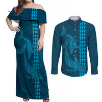 Aloha Hawaii Whale Kakau and Polynesian Tattoo Couples Matching Off Shoulder Maxi Dress and Long Sleeve Button Shirt Light Blue Color LT03 Light Blue - Polynesian Pride