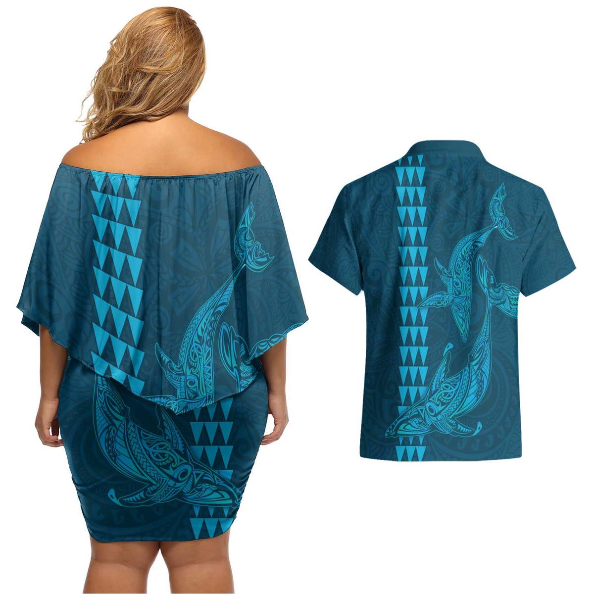 Aloha Hawaii Whale Kakau and Polynesian Tattoo Couples Matching Off Shoulder Short Dress and Hawaiian Shirt Light Blue Color LT03 - Polynesian Pride