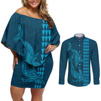 Aloha Hawaii Whale Kakau and Polynesian Tattoo Couples Matching Off Shoulder Short Dress and Long Sleeve Button Shirt Light Blue Color LT03 Light Blue - Polynesian Pride
