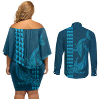 Aloha Hawaii Whale Kakau and Polynesian Tattoo Couples Matching Off Shoulder Short Dress and Long Sleeve Button Shirt Light Blue Color LT03 - Polynesian Pride