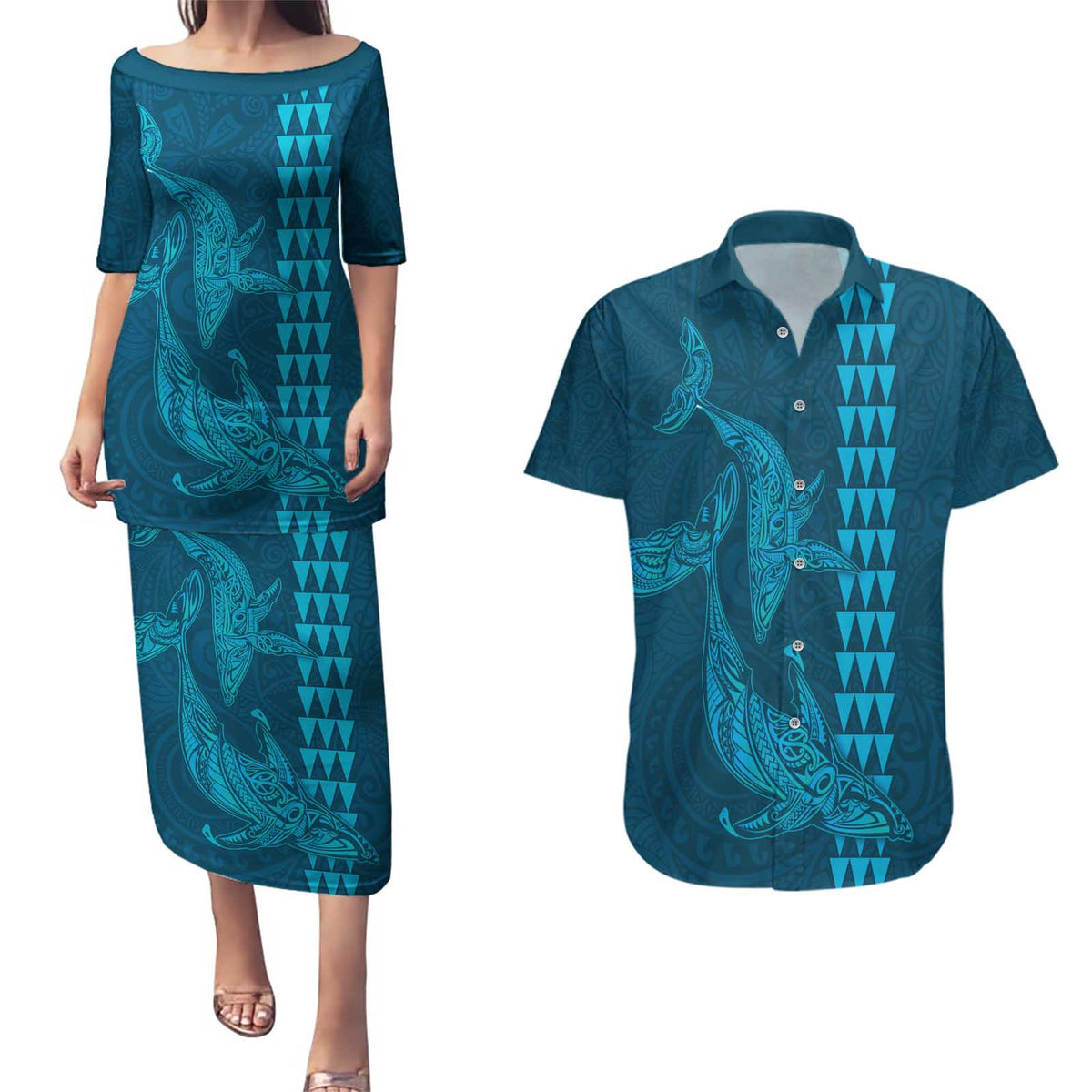 Aloha Hawaii Whale Kakau and Polynesian Tattoo Couples Matching Puletasi and Hawaiian Shirt Light Blue Color LT03 Light Blue - Polynesian Pride