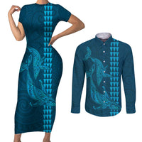 Aloha Hawaii Whale Kakau and Polynesian Tattoo Couples Matching Short Sleeve Bodycon Dress and Long Sleeve Button Shirt Light Blue Color LT03 Light Blue - Polynesian Pride