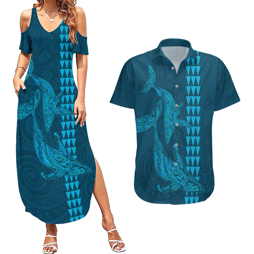 Aloha Hawaii Whale Kakau and Polynesian Tattoo Couples Matching Summer Maxi Dress and Hawaiian Shirt Light Blue Color LT03 Light Blue - Polynesian Pride