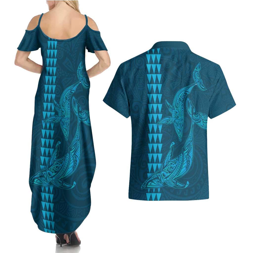 Aloha Hawaii Whale Kakau and Polynesian Tattoo Couples Matching Summer Maxi Dress and Hawaiian Shirt Light Blue Color LT03 - Polynesian Pride