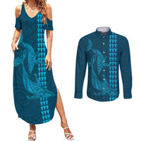 Aloha Hawaii Whale Kakau and Polynesian Tattoo Couples Matching Summer Maxi Dress and Long Sleeve Button Shirt Light Blue Color LT03 Light Blue - Polynesian Pride