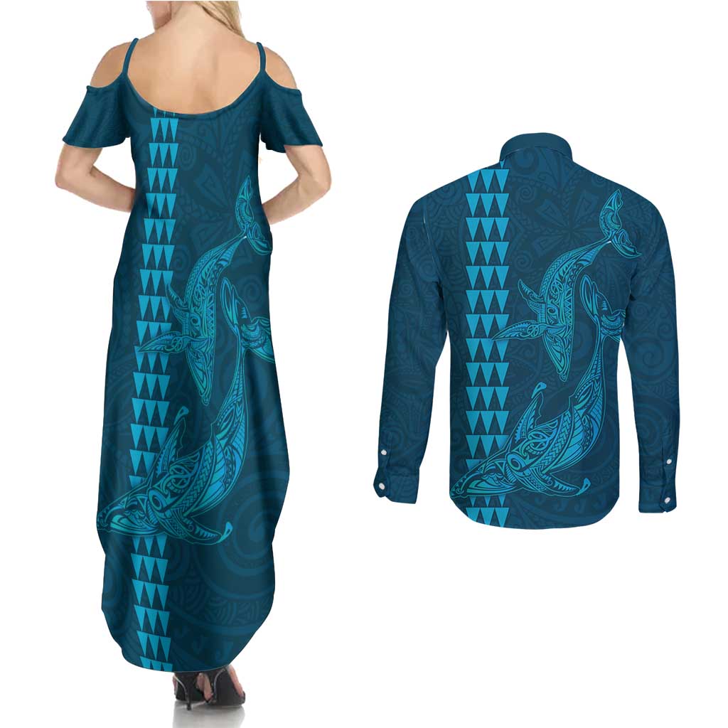 Aloha Hawaii Whale Kakau and Polynesian Tattoo Couples Matching Summer Maxi Dress and Long Sleeve Button Shirt Light Blue Color LT03 - Polynesian Pride