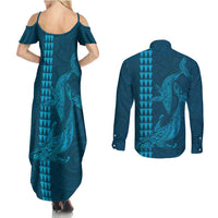 Aloha Hawaii Whale Kakau and Polynesian Tattoo Couples Matching Summer Maxi Dress and Long Sleeve Button Shirt Light Blue Color LT03 - Polynesian Pride