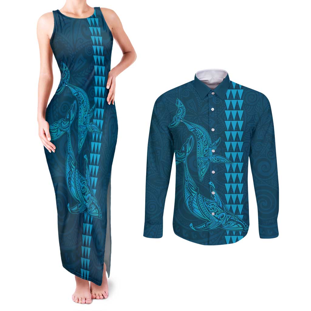 Aloha Hawaii Whale Kakau and Polynesian Tattoo Couples Matching Tank Maxi Dress and Long Sleeve Button Shirt Light Blue Color