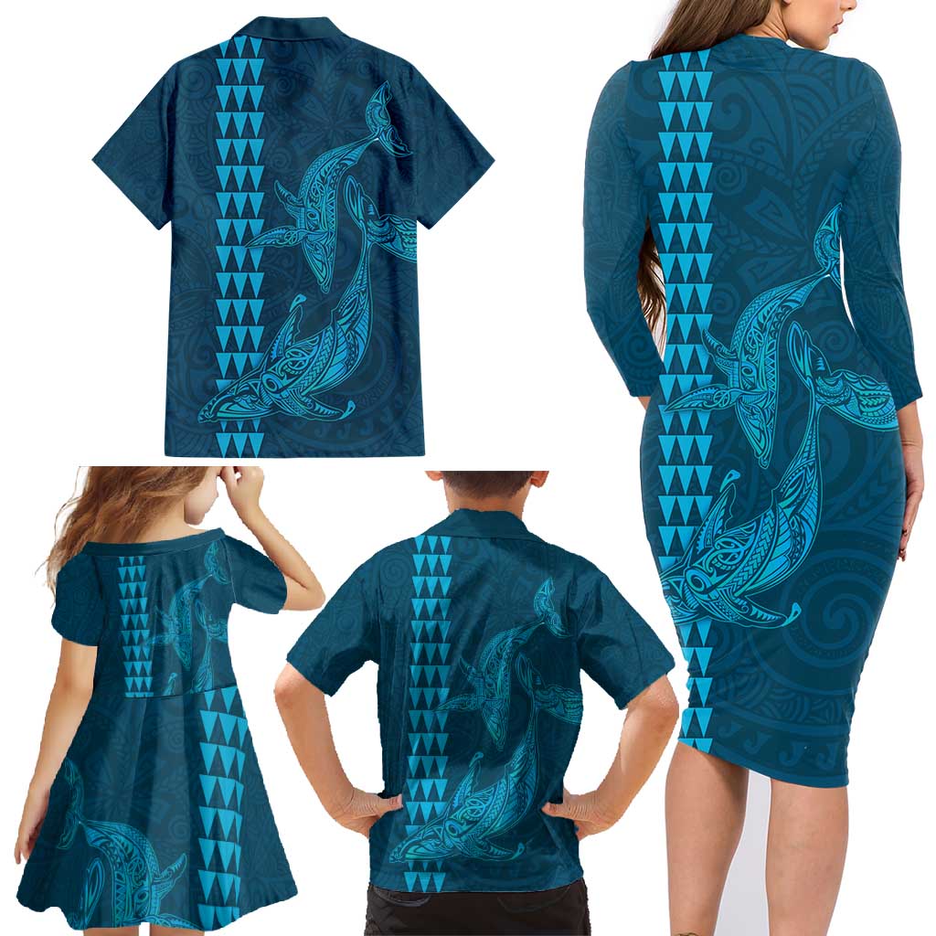 Aloha Hawaii Whale Kakau and Polynesian Tattoo Family Matching Long Sleeve Bodycon Dress and Hawaiian Shirt Light Blue Color LT03 - Polynesian Pride
