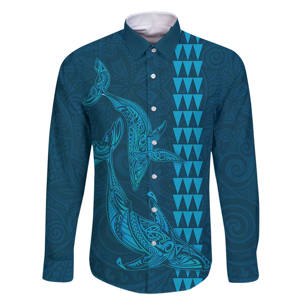 Aloha Hawaii Whale Kakau and Polynesian Tattoo Family Matching Mermaid Dress and Hawaiian Shirt Light Blue Color LT03 Dad's Shirt - Long Sleeve Light Blue - Polynesian Pride