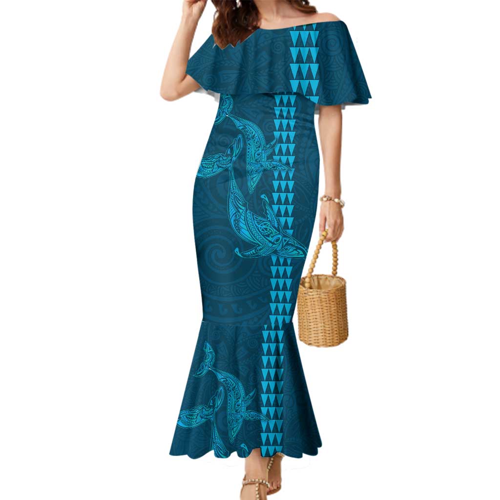 Aloha Hawaii Whale Kakau and Polynesian Tattoo Family Matching Mermaid Dress and Hawaiian Shirt Light Blue Color LT03 Mom's Dress Light Blue - Polynesian Pride