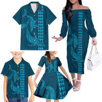 Aloha Hawaii Whale Kakau and Polynesian Tattoo Family Matching Off The Shoulder Long Sleeve Dress and Hawaiian Shirt Light Blue Color LT03 - Polynesian Pride