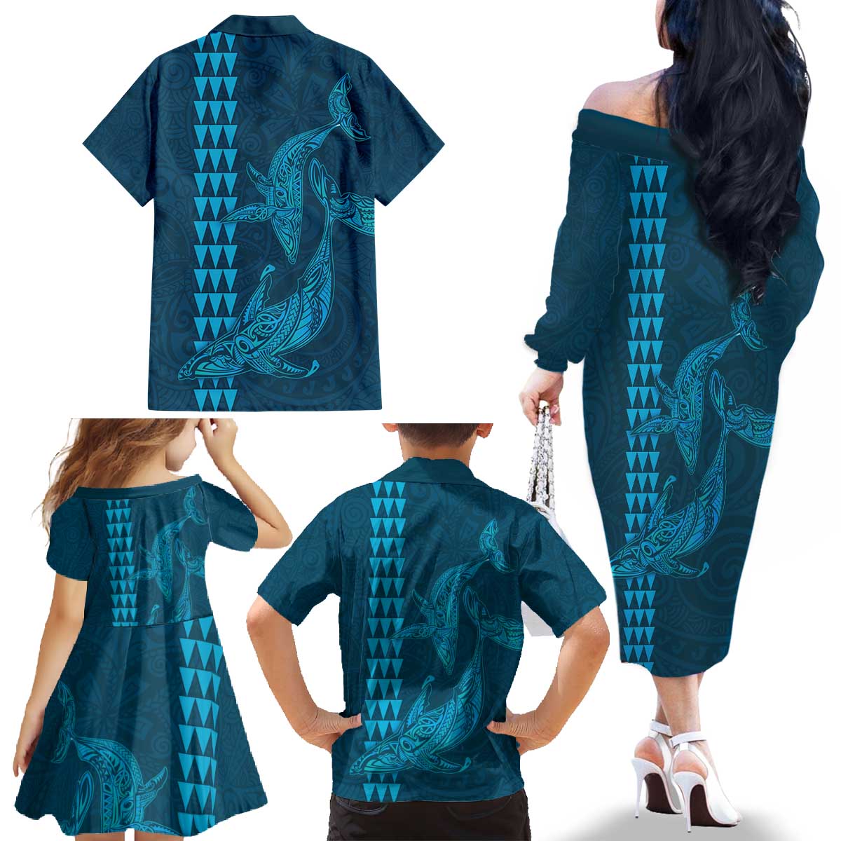 Aloha Hawaii Whale Kakau and Polynesian Tattoo Family Matching Off The Shoulder Long Sleeve Dress and Hawaiian Shirt Light Blue Color LT03 - Polynesian Pride