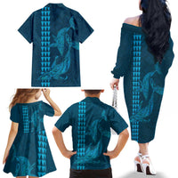 Aloha Hawaii Whale Kakau and Polynesian Tattoo Family Matching Off The Shoulder Long Sleeve Dress and Hawaiian Shirt Light Blue Color LT03 - Polynesian Pride