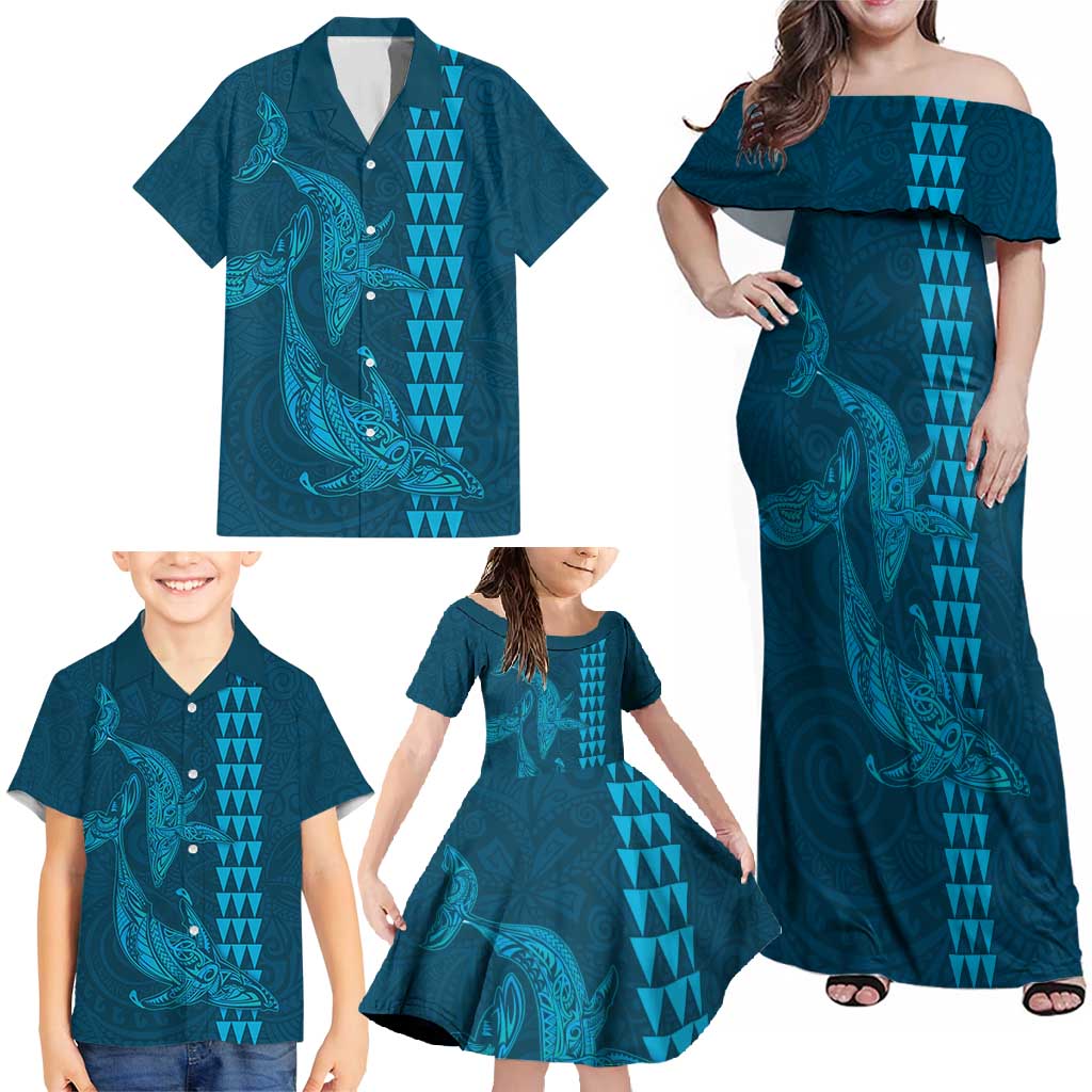 Aloha Hawaii Whale Kakau and Polynesian Tattoo Family Matching Off Shoulder Maxi Dress and Hawaiian Shirt Light Blue Color LT03 - Polynesian Pride