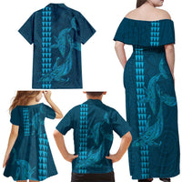 Aloha Hawaii Whale Kakau and Polynesian Tattoo Family Matching Off Shoulder Maxi Dress and Hawaiian Shirt Light Blue Color LT03 - Polynesian Pride