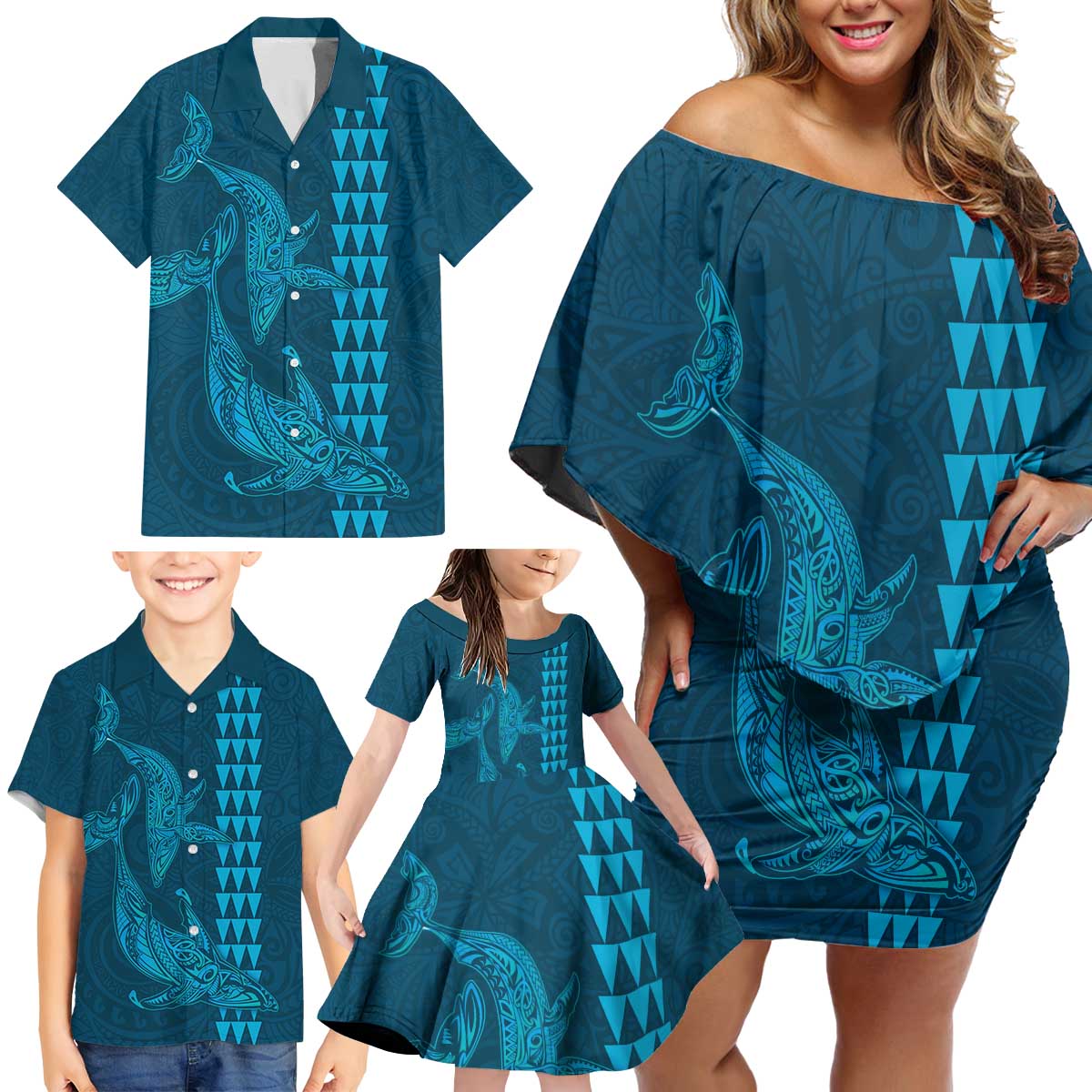 Aloha Hawaii Whale Kakau and Polynesian Tattoo Family Matching Off Shoulder Short Dress and Hawaiian Shirt Light Blue Color LT03 - Polynesian Pride