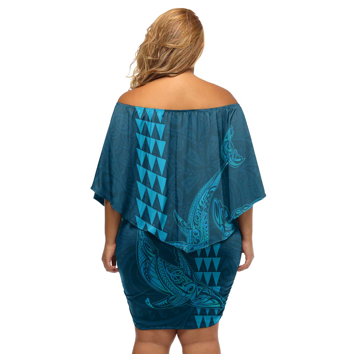 Aloha Hawaii Whale Kakau and Polynesian Tattoo Family Matching Off Shoulder Short Dress and Hawaiian Shirt Light Blue Color LT03 - Polynesian Pride