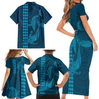 Aloha Hawaii Whale Kakau and Polynesian Tattoo Family Matching Short Sleeve Bodycon Dress and Hawaiian Shirt Light Blue Color LT03 - Polynesian Pride