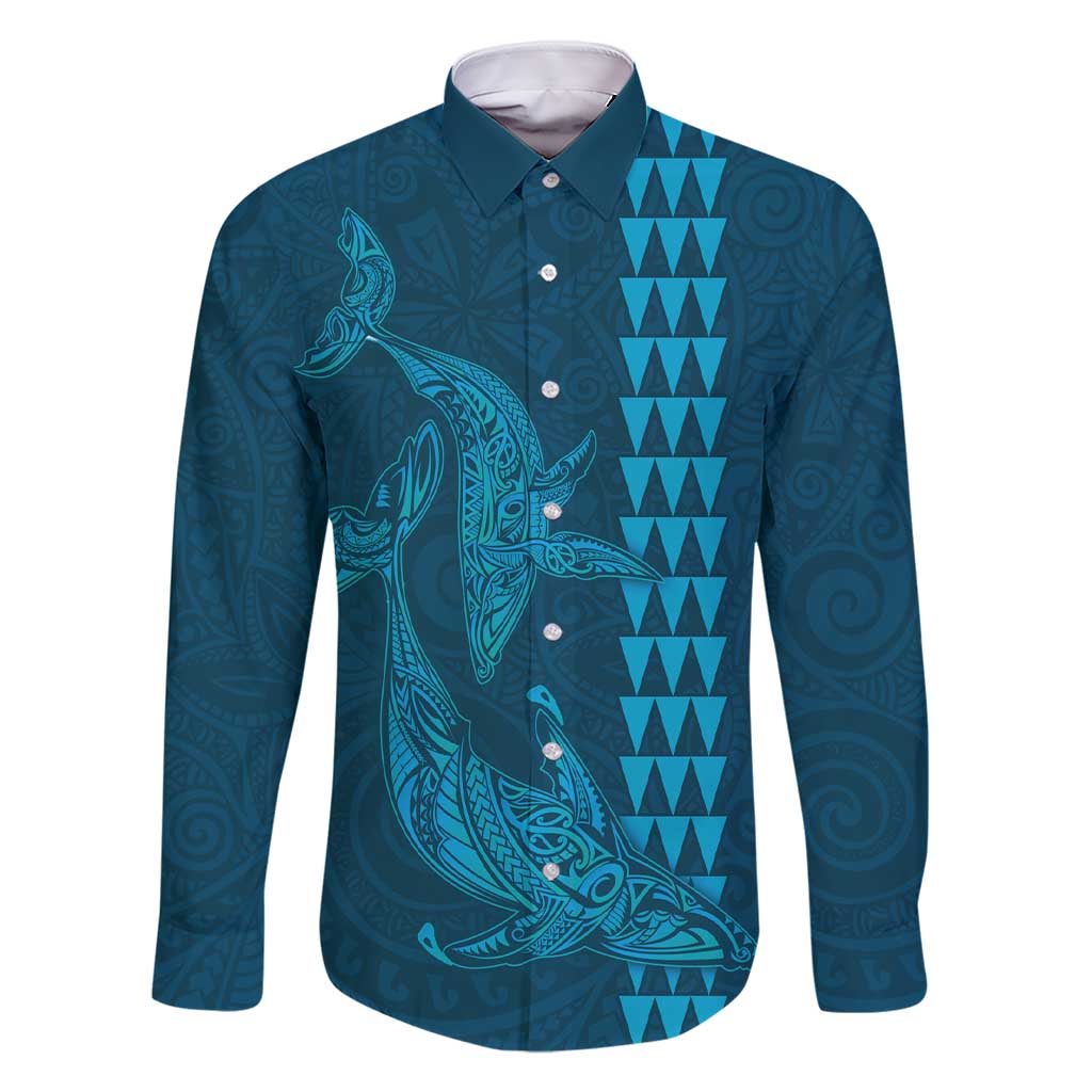 Aloha Hawaii Whale Kakau and Polynesian Tattoo Family Matching Short Sleeve Bodycon Dress and Hawaiian Shirt Light Blue Color LT03 Dad's Shirt - Long Sleeve Light Blue - Polynesian Pride