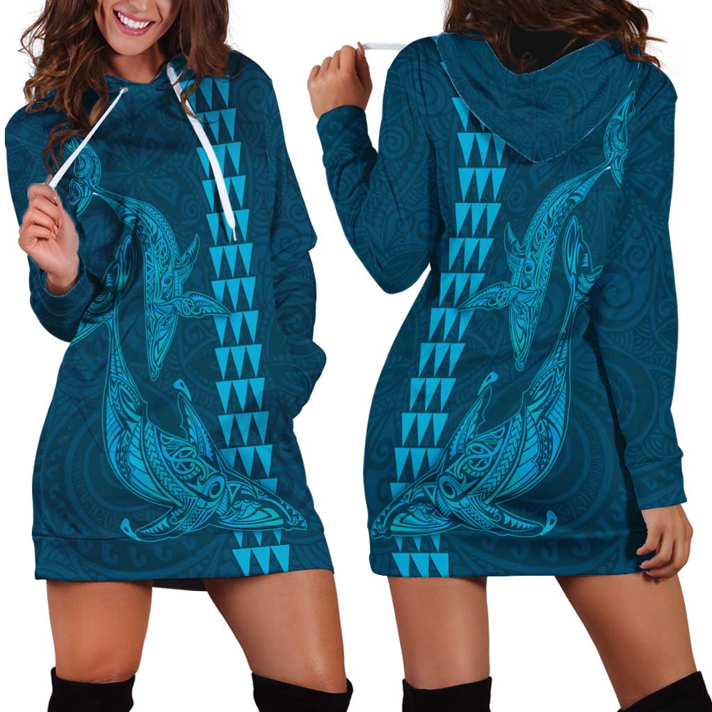 Aloha Hawaii Whale Kakau and Polynesian Tattoo Hoodie Dress Light Blue Color LT03 - Polynesian Pride