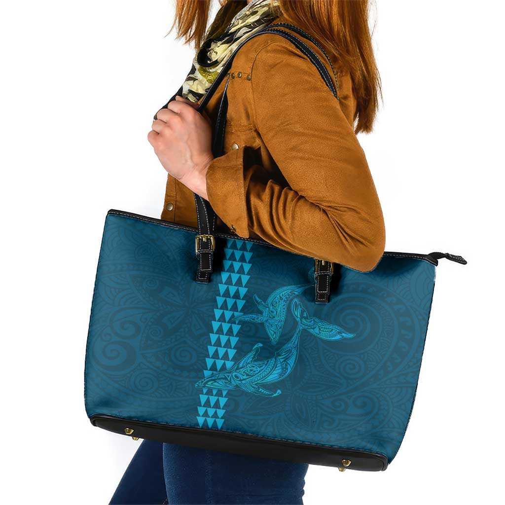 Aloha Hawaii Whale Kakau and Polynesian Tattoo Leather Tote Bag Light Blue Color LT03 Light Blue - Polynesian Pride