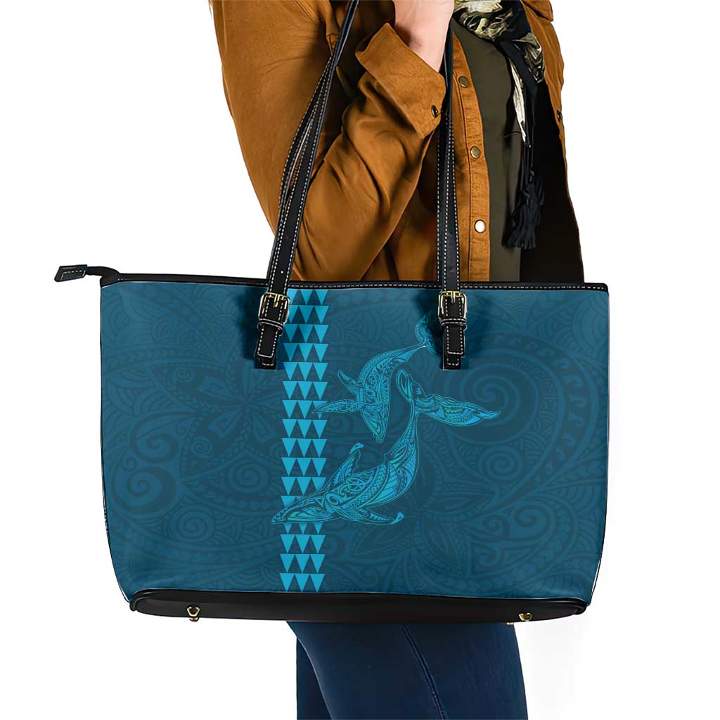 Aloha Hawaii Whale Kakau and Polynesian Tattoo Leather Tote Bag Light Blue Color LT03 - Polynesian Pride