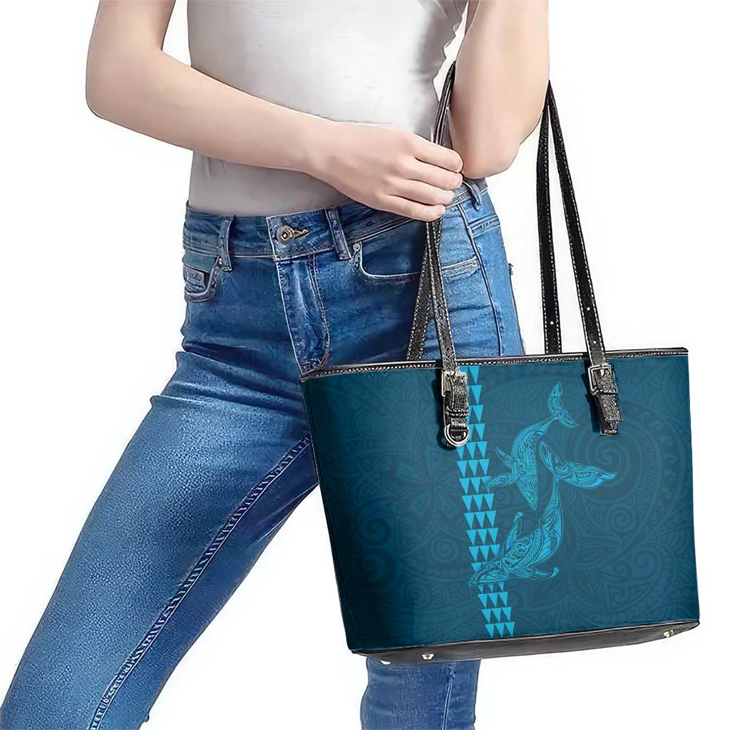 Aloha Hawaii Whale Kakau and Polynesian Tattoo Leather Tote Bag Light Blue Color LT03 - Polynesian Pride