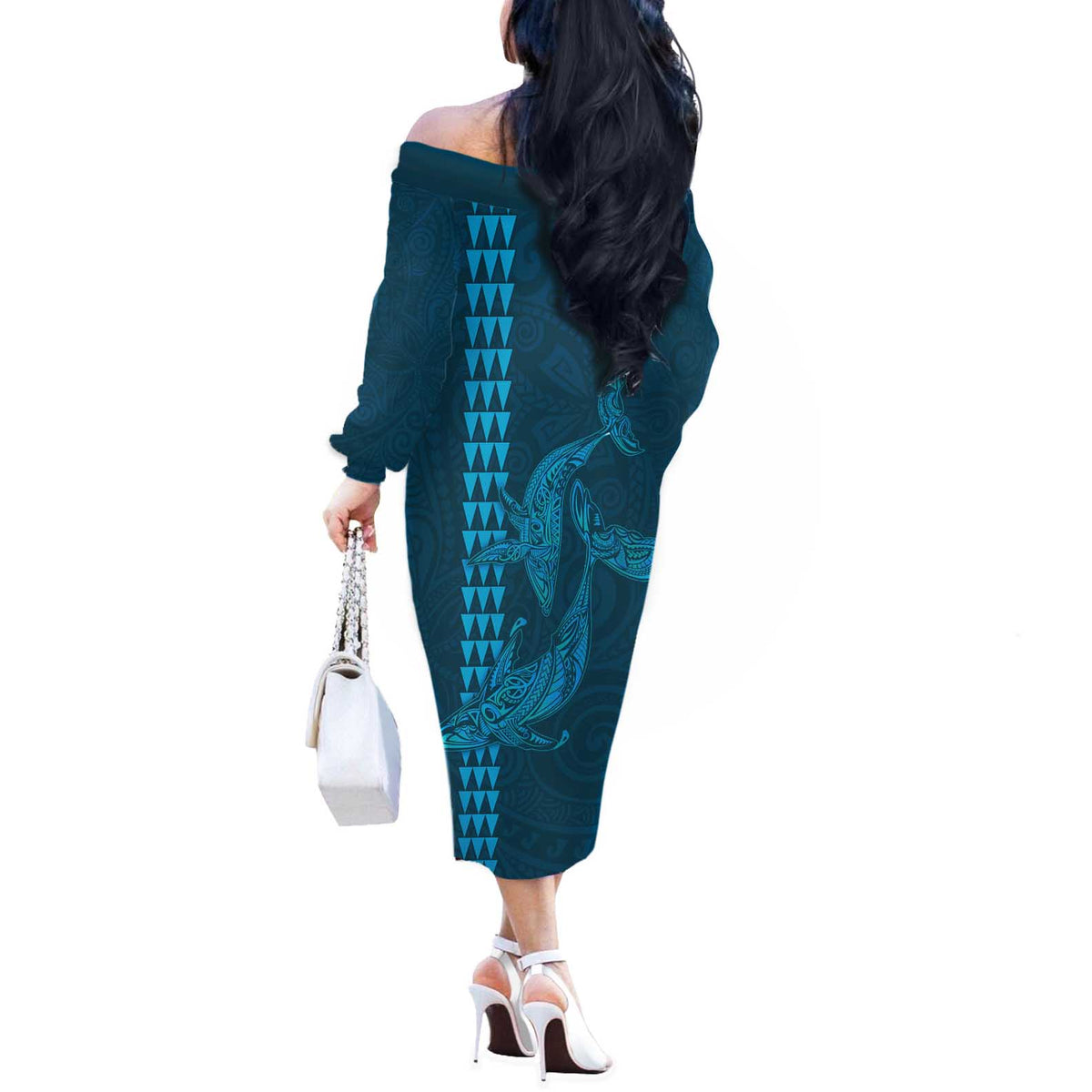 Aloha Hawaii Whale Kakau and Polynesian Tattoo Off The Shoulder Long Sleeve Dress Light Blue Color LT03 - Polynesian Pride