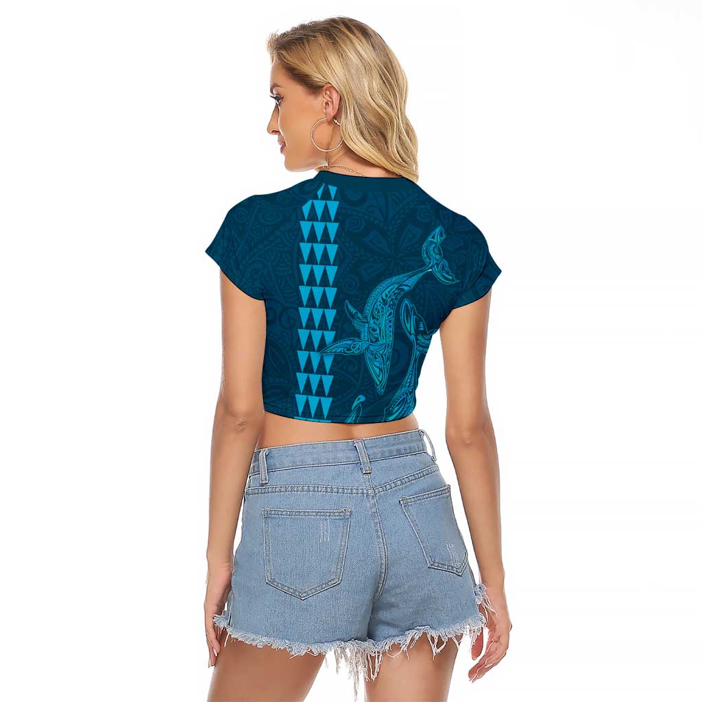 Aloha Hawaii Whale Kakau and Polynesian Tattoo Raglan Cropped T Shirt Light Blue Color