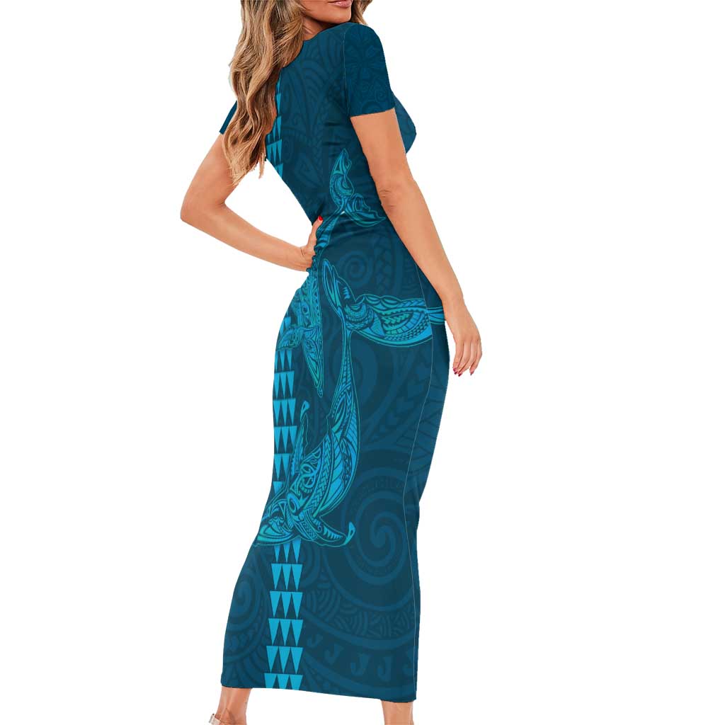 Aloha Hawaii Whale Kakau and Polynesian Tattoo Short Sleeve Bodycon Dress Light Blue Color