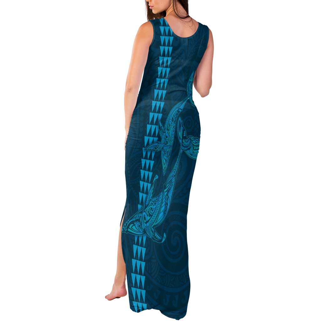 Aloha Hawaii Whale Kakau and Polynesian Tattoo Tank Maxi Dress Light Blue Color