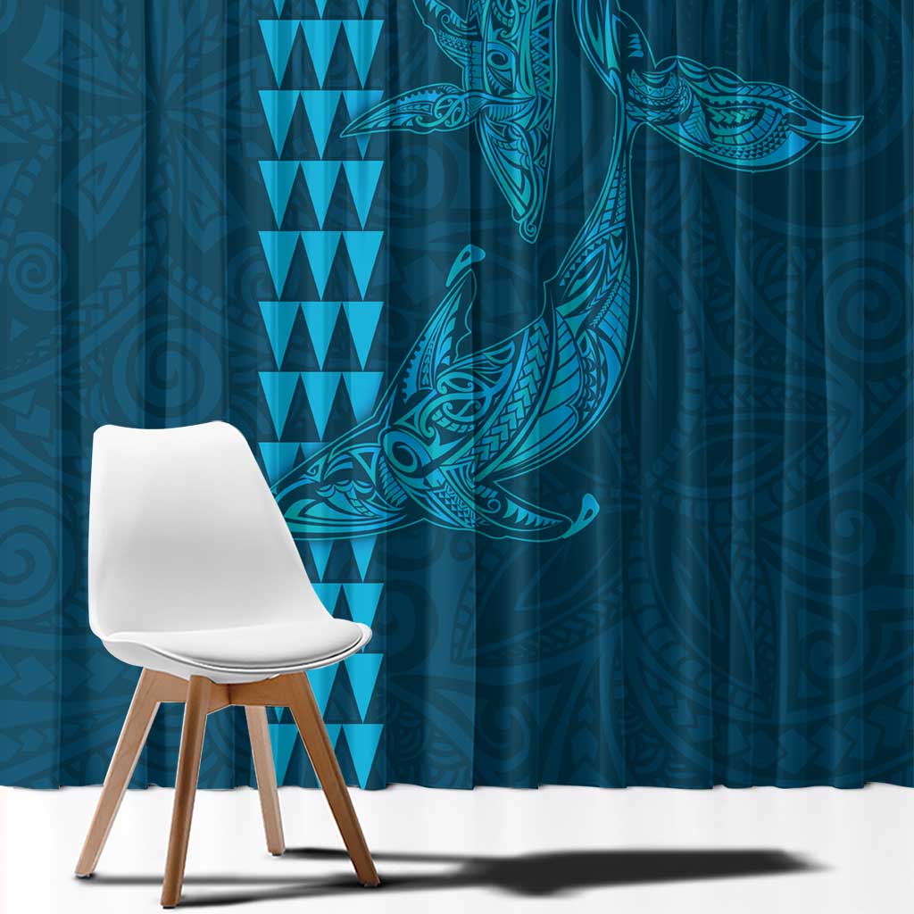 Aloha Hawaii Whale Kakau and Polynesian Tattoo Window Curtain Light Blue Color