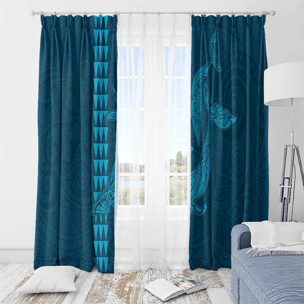 Aloha Hawaii Whale Kakau and Polynesian Tattoo Window Curtain Light Blue Color