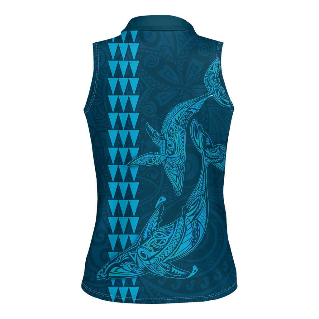 Aloha Hawaii Whale Kakau and Polynesian Tattoo Women Sleeveless Polo Shirt Light Blue Color LT03 - Polynesian Pride