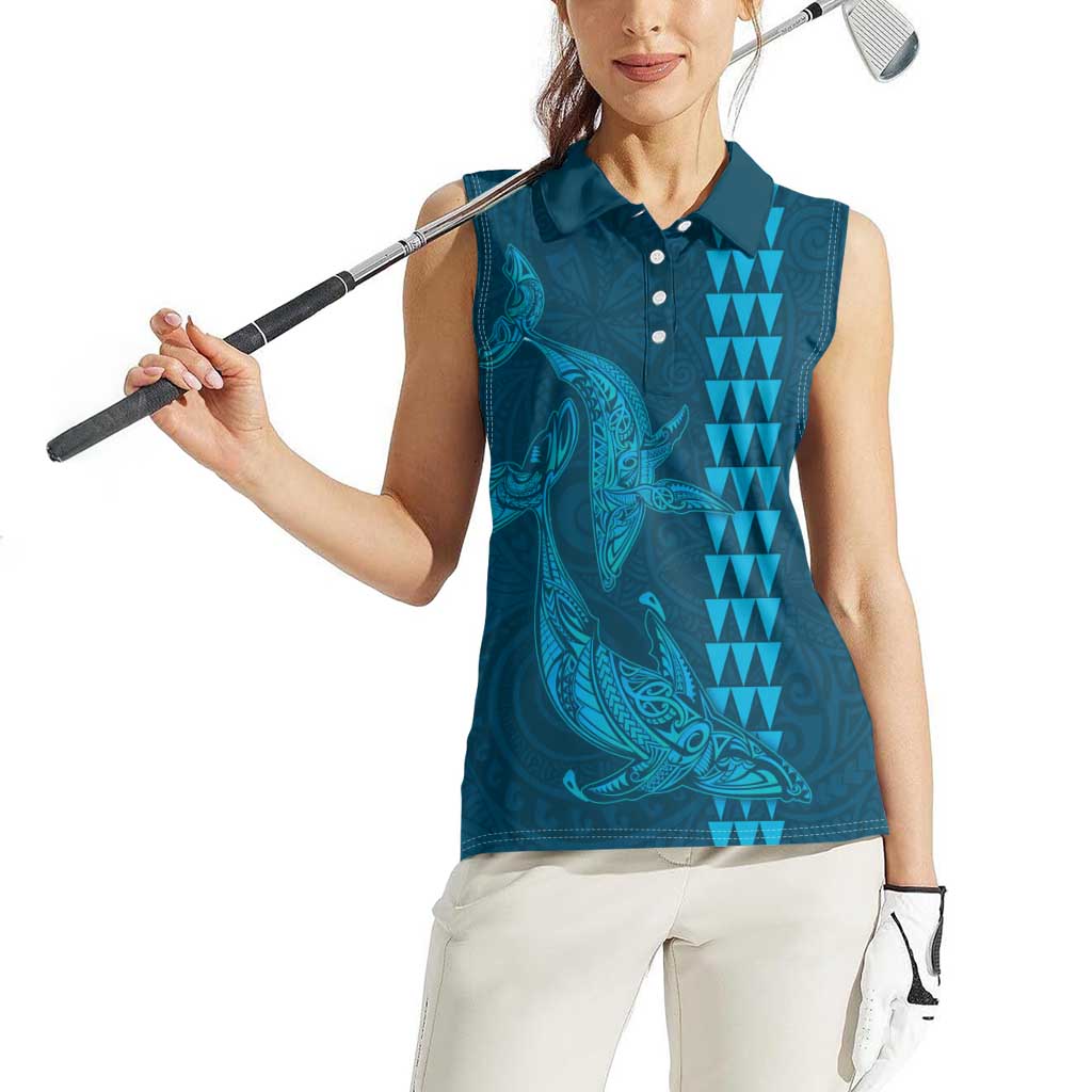 Aloha Hawaii Whale Kakau and Polynesian Tattoo Women Sleeveless Polo Shirt Light Blue Color LT03 - Polynesian Pride